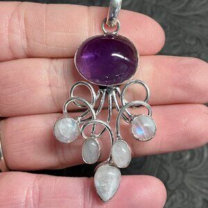 Amethyst and Rainbow Moonstone Gemstone Crystal Jewelry Swirl Pendant